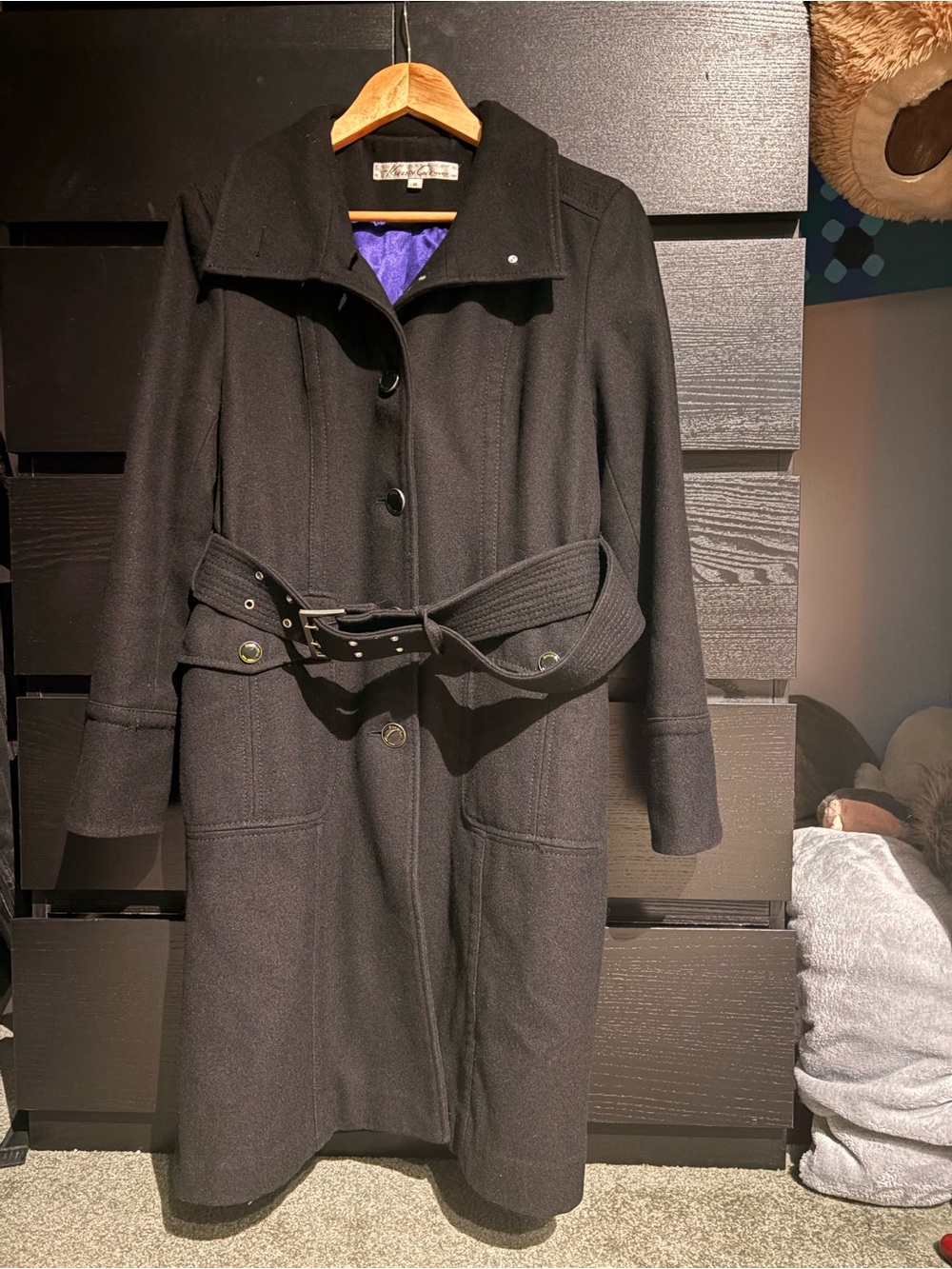 Kenneth Cole New York Black Belted Trench Coat with Purple Lining